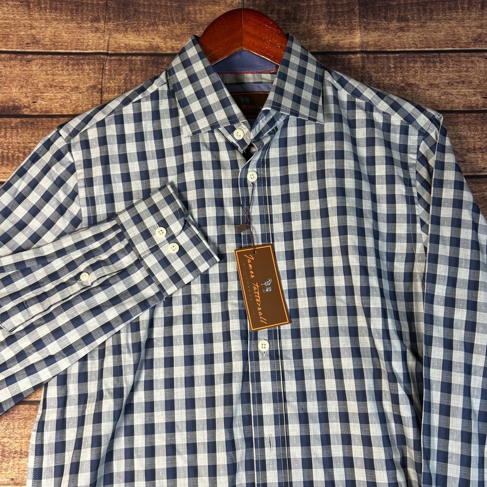 James Tattersall London Mens Indigo Gingham Dobby Button Down Shirt Size S